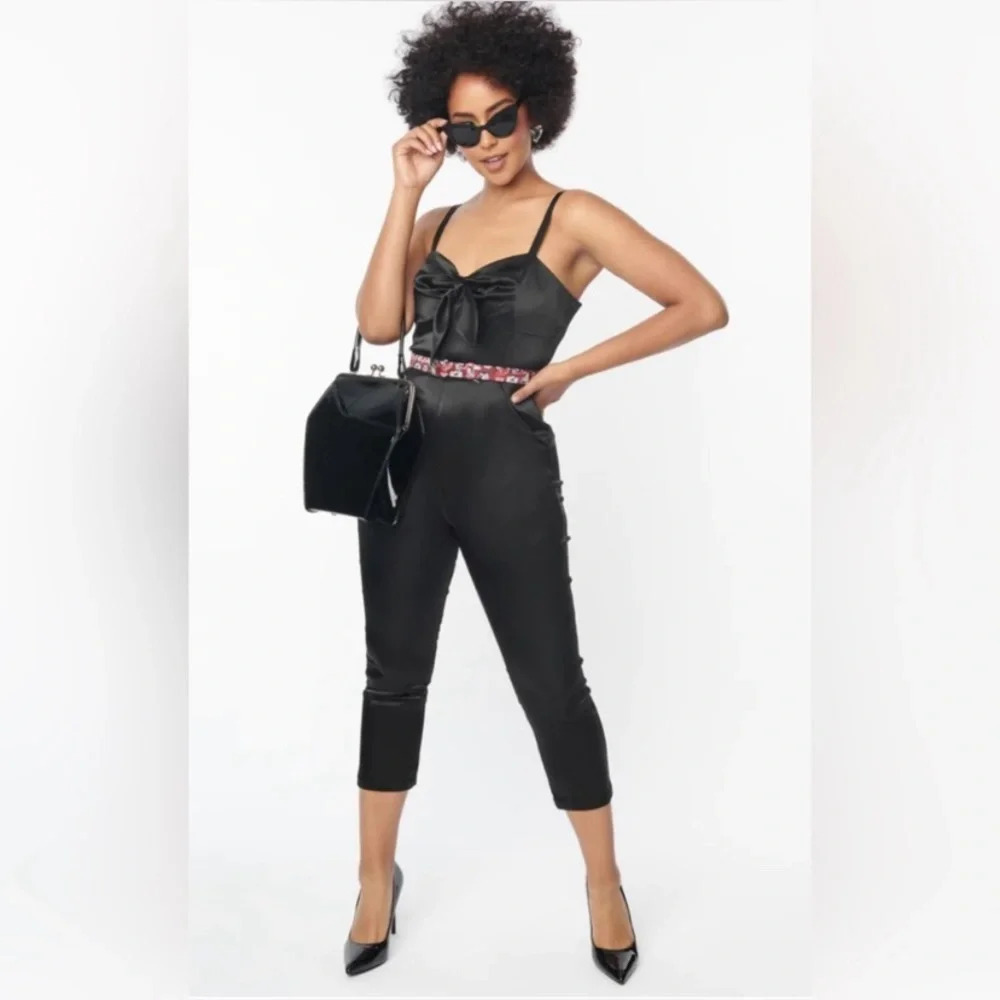 Unique Vintage Black Satin Bow Jumpsuit with Pink Floral Belt